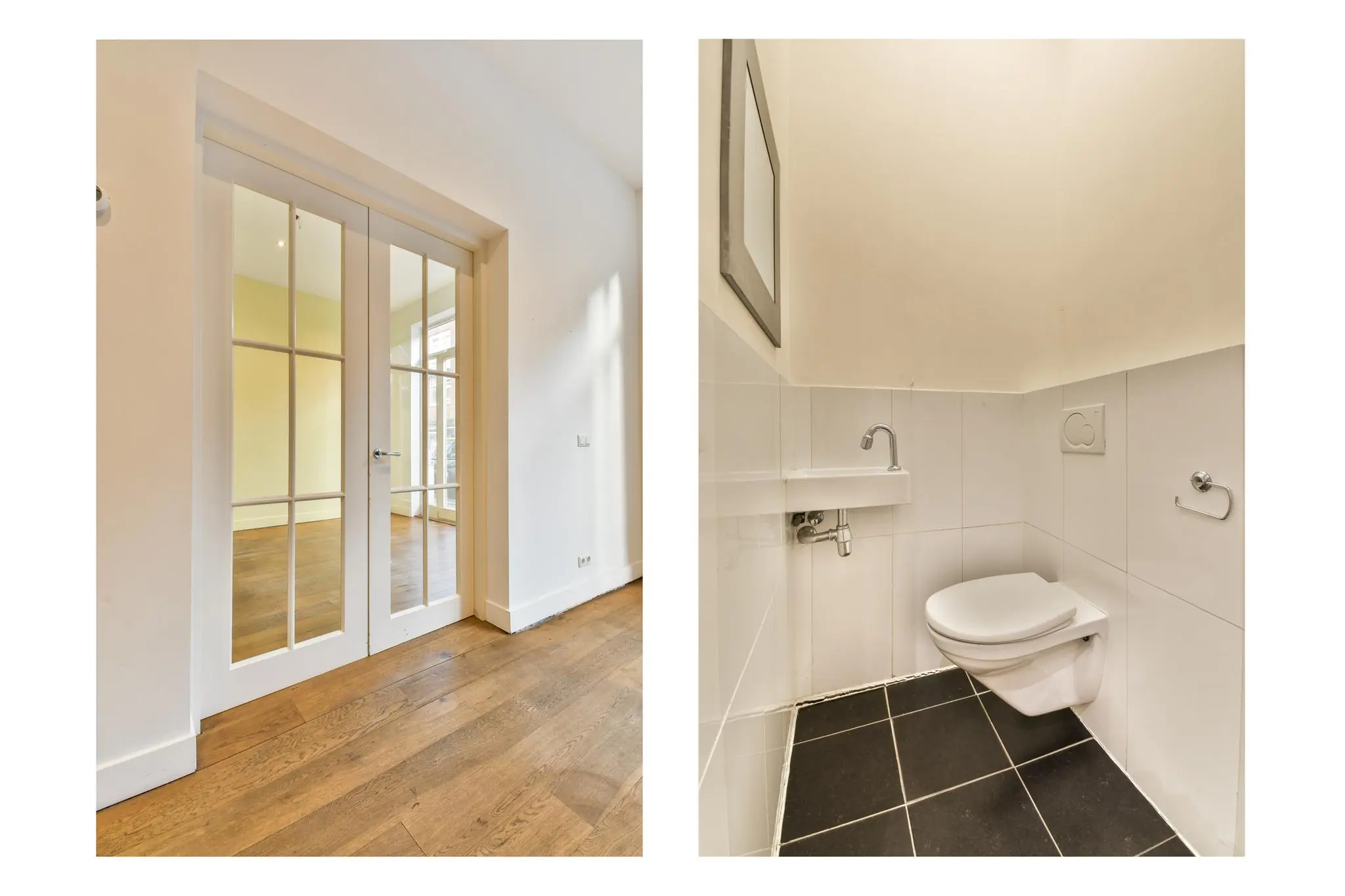 Links een hal met houten vloer en dubbele glazen deur, rechts een compact toilet met wandcloset en fonteintje in de Korte Schimmelstraat.